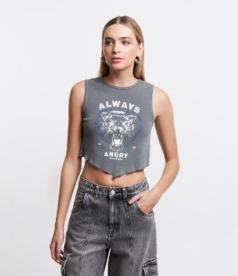 Blusa Cropped sem Manga em Algodão com Estampa Tigre Always Angry