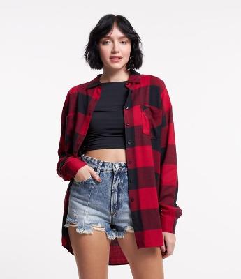 Camisa Alongada em Flanela Xadrez com Bolsos