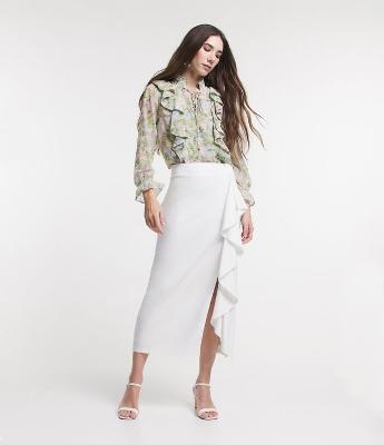 Saia Midi Reta em Linho com Fenda e Babado Aplicado