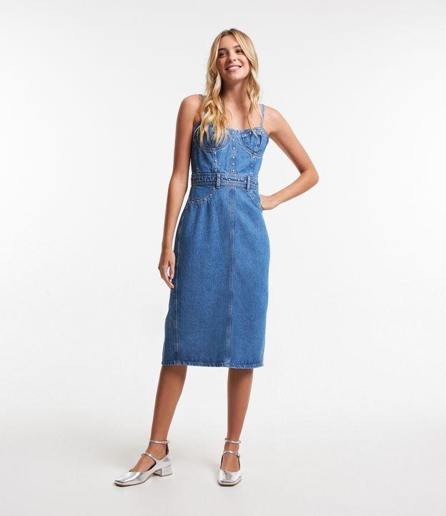 Vestido Curto Corset em Jeans com Alças Finas e Tachas - 1