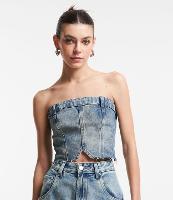 Top Tomara Que Caia em Jeans com Barra Cortada - 2