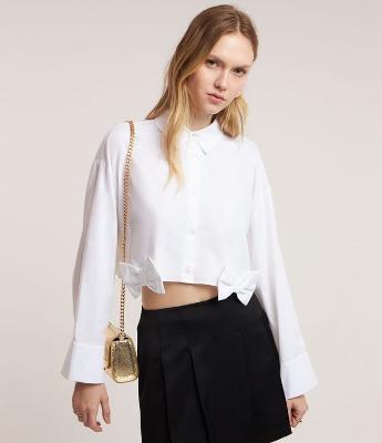 Camisa Cropped em Tricoline com Laços na Barra