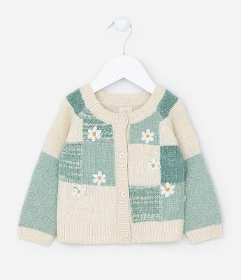 Casaco em Tricô Chenille com Quadrados e Florzinhas - Tam 0 a 18 meses