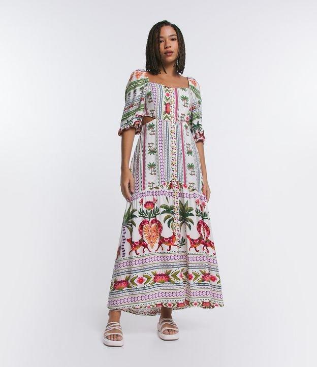 Vestido New Midi em Viscose com Manga Ampla e Estampa de Folhagens - 1