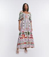 Vestido New Midi em Viscose com Manga Ampla e Estampa de Folhagens - 1