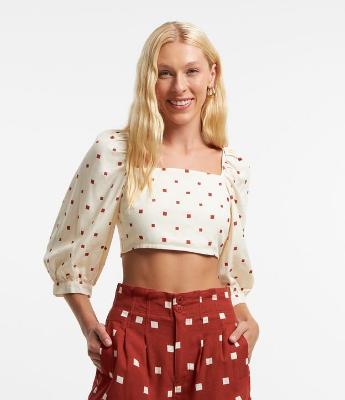 Blusa em Viscose e Linho com Amarração e Estampa Quadradinhos