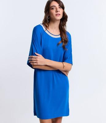 Vestido T-Shirt em Viscose com Mangas Amplas e Gola em Tricô
