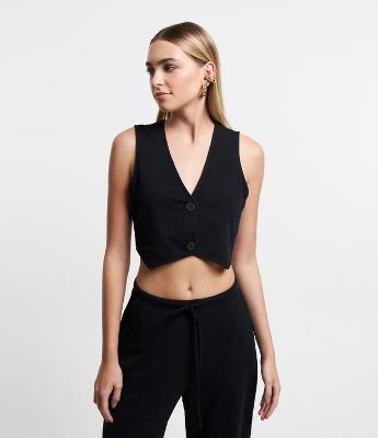 Colete Cropped Texturizado em Alfaiataria com Botões e Barra em V