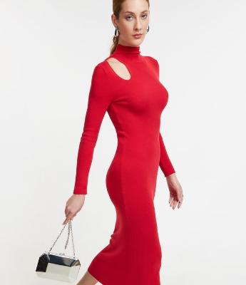 Vestido Midi em Tricô Leve com Recorte no Ombro e Textura Canelada