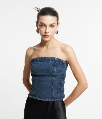 Top Tomara Que Caia em Jeans com Recortes