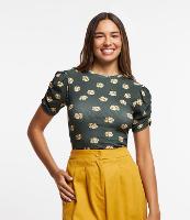 Blusa em Ribana com Estampa de Florzinhas e Manga Franzida - 1