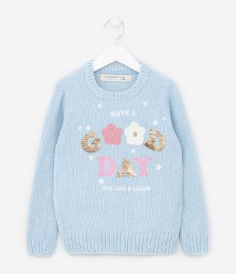 Blusão Infantil em Tricô com Bordado de Lettering de Lantejoulas - Tam 5 a 14 anos