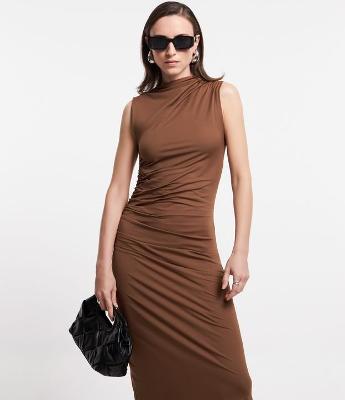 Vestido Tubinho Midi em Poliamida com Detalhes Drapeados