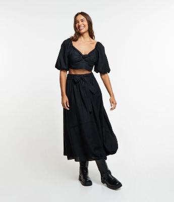 Saia New Midi em Viscose com Linho e Faixa na Cintura