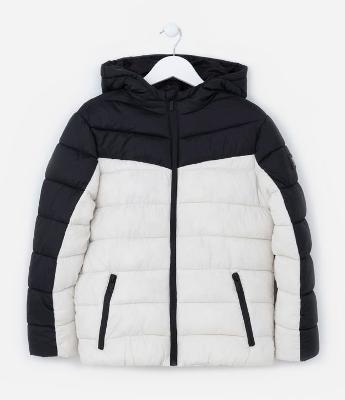 Jaqueta Puffer Infantil com Capuz e Recortes - Tam 5 a 14 anos