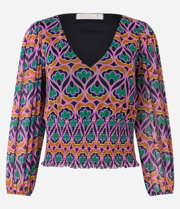 Blusa Manga Longa em Tule com Lastex e Estampa Abstrata - 2