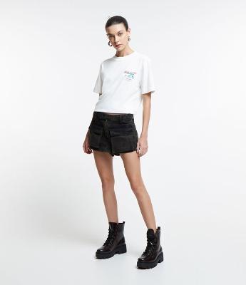 Blusa Manga Longa em Tule com Lastex e Estampa Abstrata