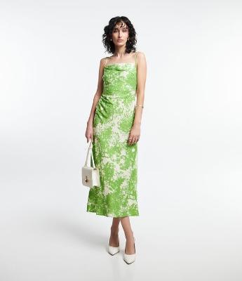 Vestido Midi em Tecido Acetinado com Estampa Abstrata