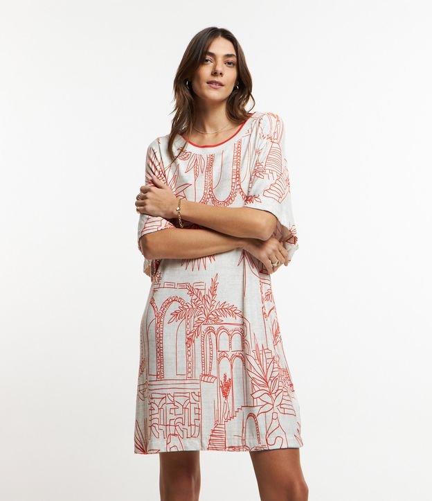 Vestido em Viscose com Detalhe Contrastante e Estampa Paisagem - 1