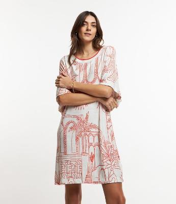 Vestido em Viscose com Detalhe Contrastante e Estampa Paisagem