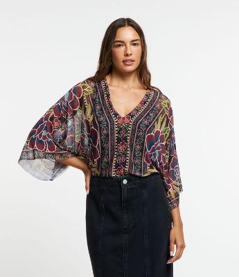 Body Manga 3/4 Godê em Tule com Estampa Floral Tropical