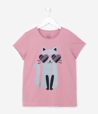 Camiseta Infantil em Algodão com Estampa Gato de Óculos - Tam 5 A 14 Anos