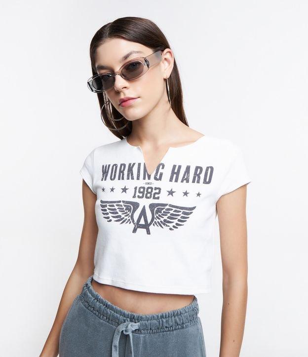 Blusa Cropped em Ribana com Lettering Workind Hard - 1