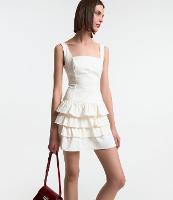 Vestido Curto em Tricoline com Babados na Saia - 1