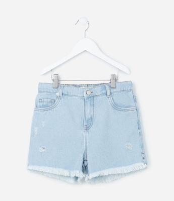 Short Infantil Jeans com Puídos e Barra Desfiada - Tam 5 A 14 Anos