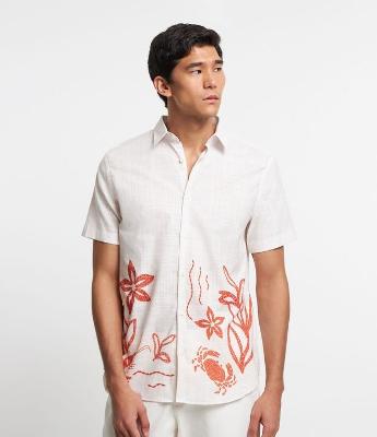 Camisa Manga Curta em Voal Estampa Fundo do Mar
