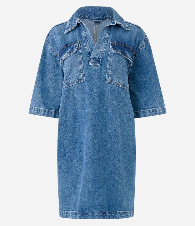 Vestido Reto em Jeans com Decote V e Bolsos Frontais - 1