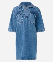 Vestido Reto em Jeans com Decote V e Bolsos Frontais - 1