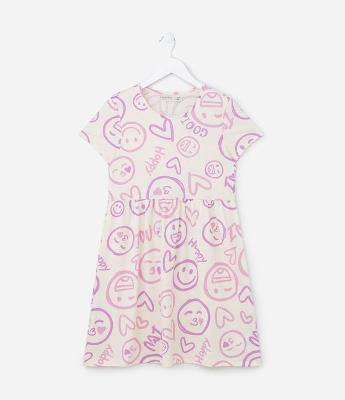 Vestido Infantil em Algodão com Estampa de Carinhas - Tam 5 A 14 Anos