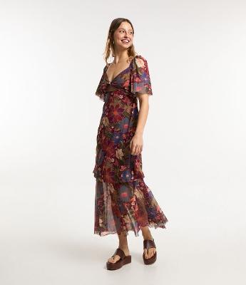 Vestido Midi em Tule com Decote V e Babados na Saia