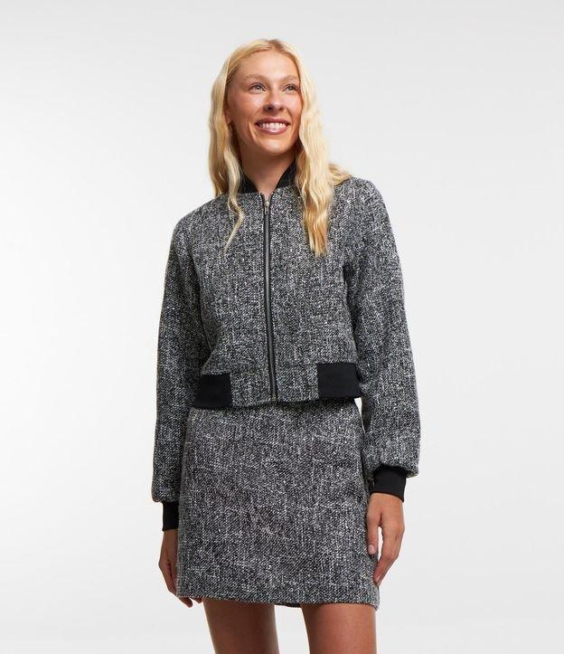 Jaqueta Bomber em Tweed com Bolsos e Ribana - 1