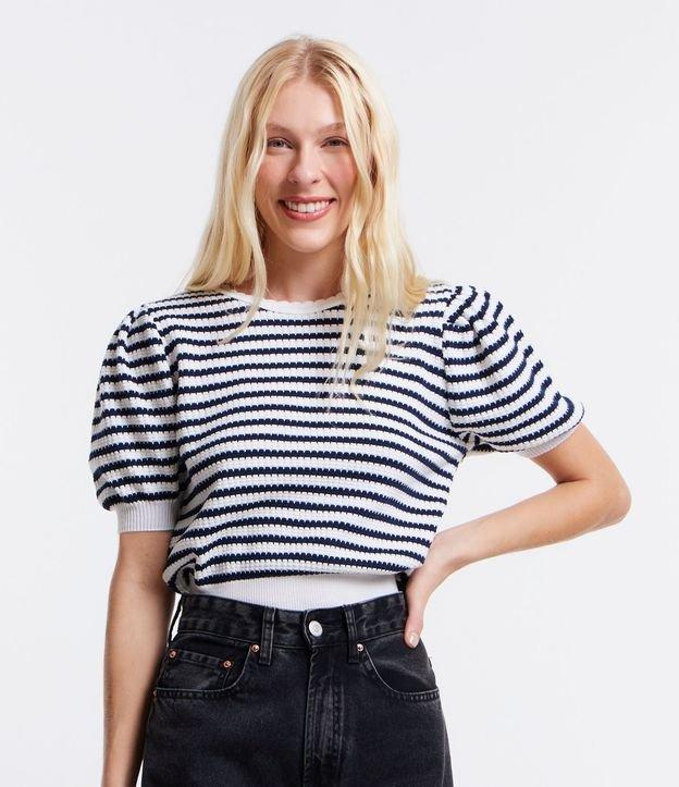 Blusa Listrada em Tricô com Mangas Bufantes - 1