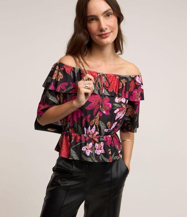 Blusa Ombro a Ombro em Malha Plissage com Estampa Floral - 1