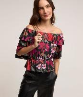 Blusa Ombro a Ombro em Malha Plissage com Estampa Floral - 1