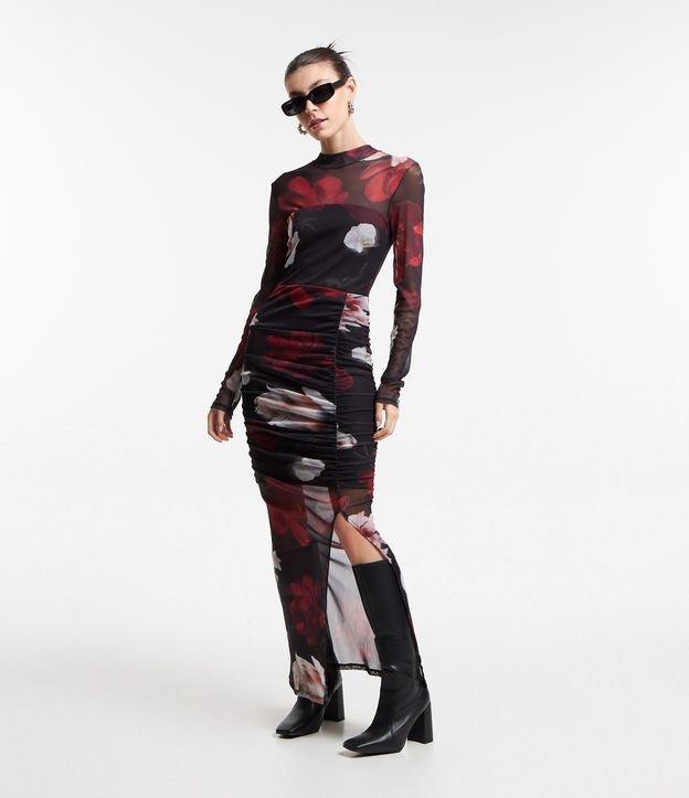Vestido New Midi em Tule com Drapeado e Estampa Floral - 1