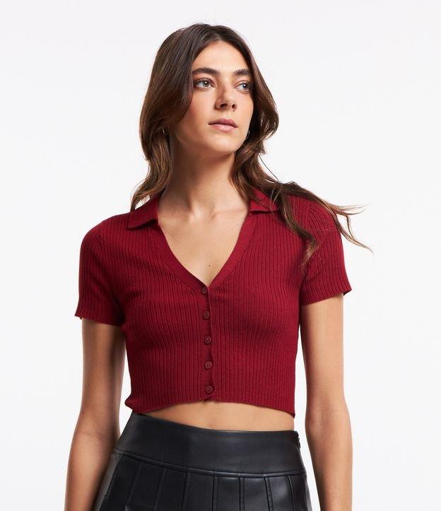 Blusa Curta em Tricô com Decote V e Botões - 1