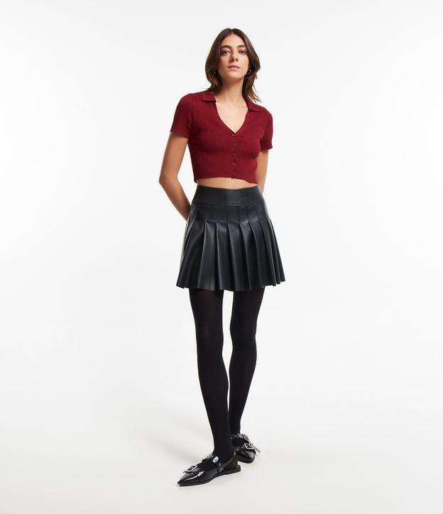 Blusa Curta em Tricô com Decote V e Botões - 2