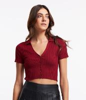 Blusa Curta em Tricô com Decote V e Botões - 1