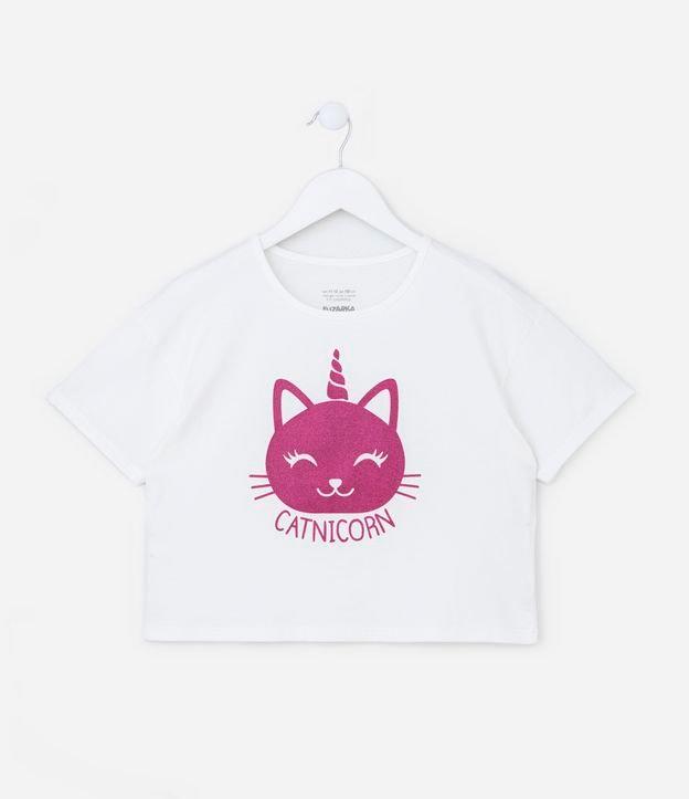 Camiseta Cropped Infantil com Estampa de Gato Unicórnio - Tam 5 A 14 Anos - 1