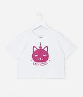 Camiseta Cropped Infantil com Estampa de Gato Unicórnio - Tam 5 A 14 Anos - 1
