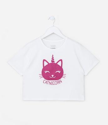 Camiseta Cropped Infantil com Estampa de Gato Unicórnio - Tam 5 A 14 Anos