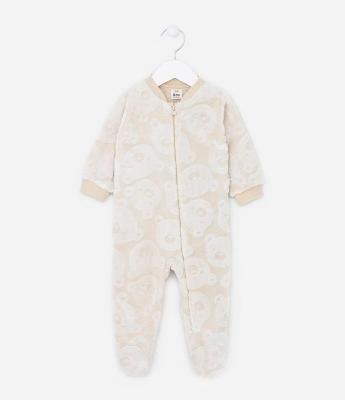 Macacão Infantil em Fleece com Textura de Carinhas de Urso - Tam 0 a 18 meses