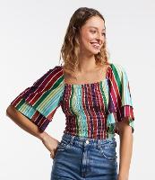 Blusa Curta em Lastex com Manga Godê e Estampa Listras - 1