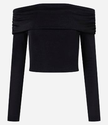 Blusa Curta Metalizada com Pala Larga Ombro a Ombro