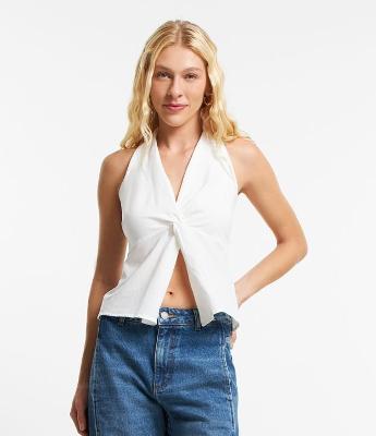 Blusa Frente Única em Tricoline com Decote Franzido
