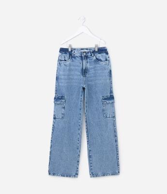 Calça Cargo em Jeans com Bolso Lateral - Tam 5 A 14 anos